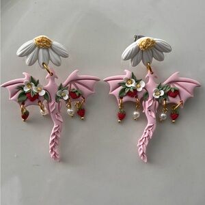 Pink Dragon Wing Earrings with Floral Accents